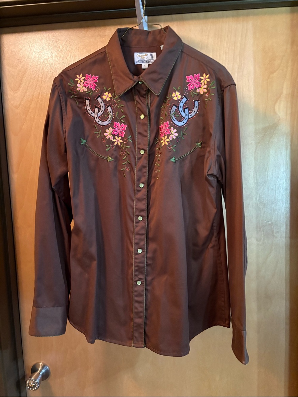 Vintage Panhandle Slim Brown Western Shirt w/ Floral & Horseshoe Embroidery; XL